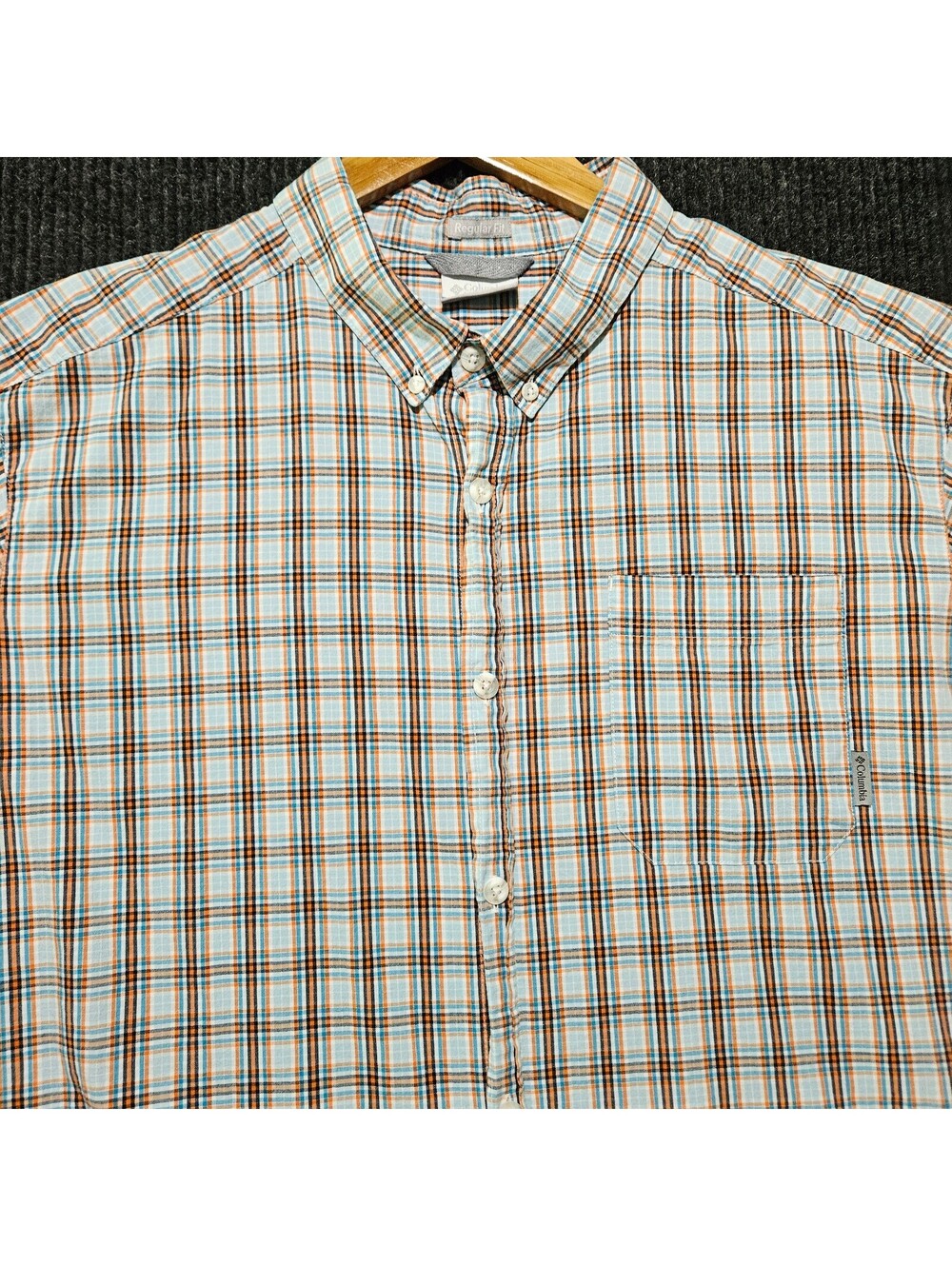 Columbia Men's Short Sleeve Button-Up Shirt Regular Fit Blue and Orange Plaid XL